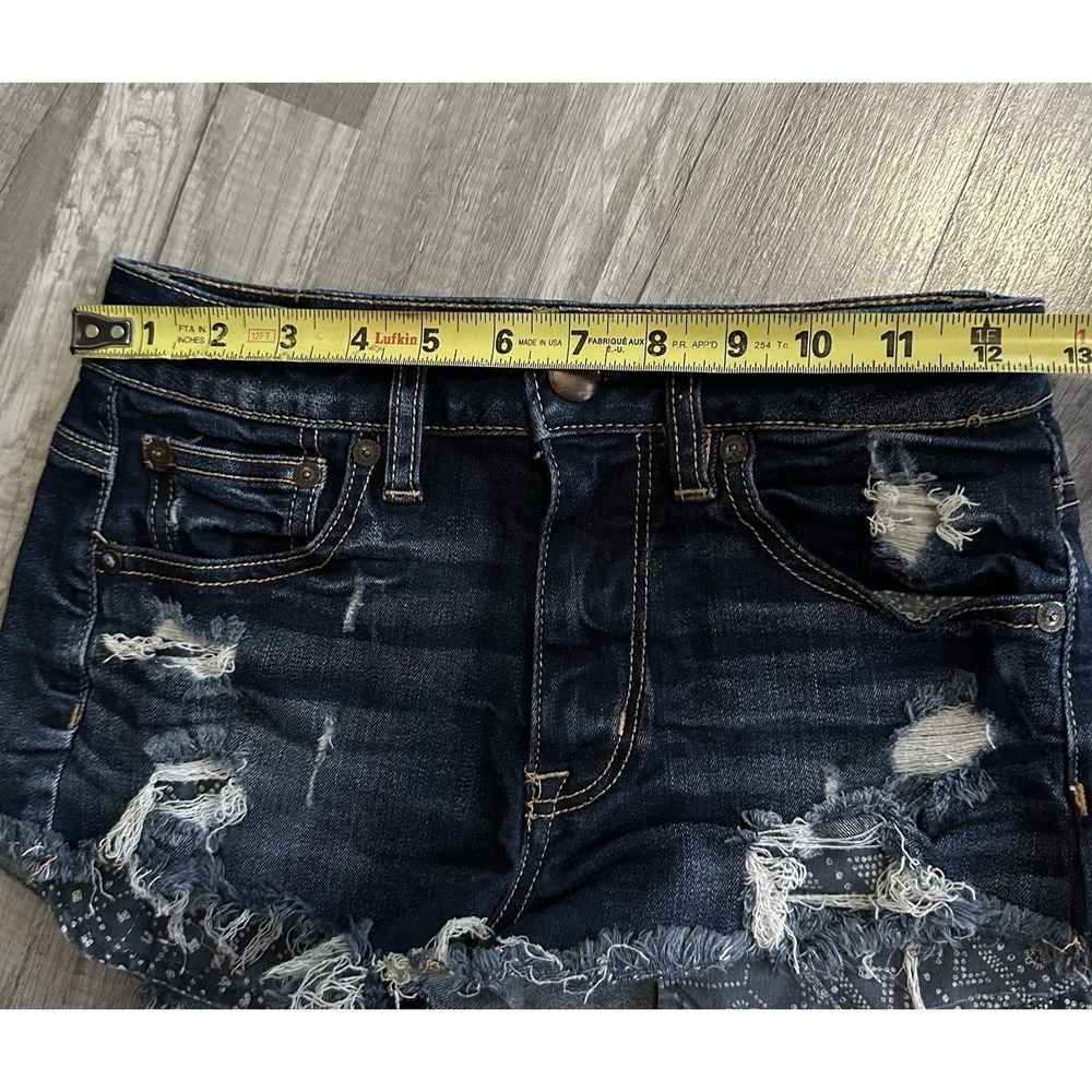 American Eagle Distress Denim Shorts Dark Wash Frayed Hem Size 00 Super Stretch - Picture 9 of 12